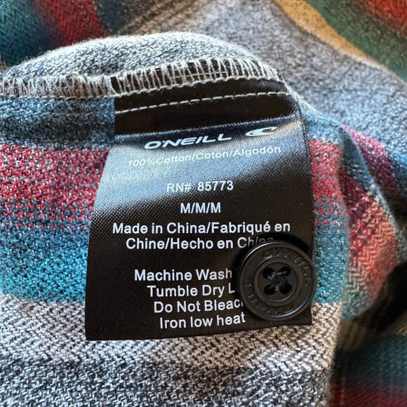 O'Neill Men's M Plaid Flannel Button Up Shirt Gray Blue Red Surf Skate Gorpcore - Picture 11 of 11